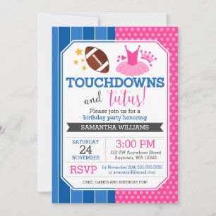 Touchdowns e convite para o aniversário azul-rosa