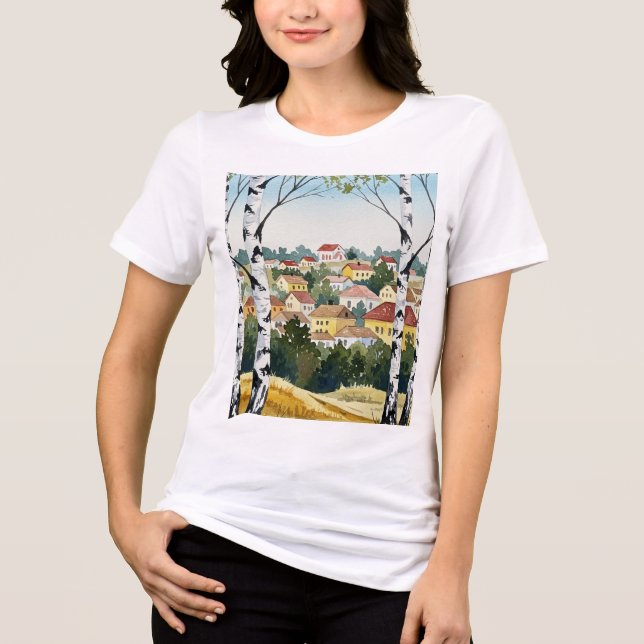 Town on a hill seen through birch trees (Frente)