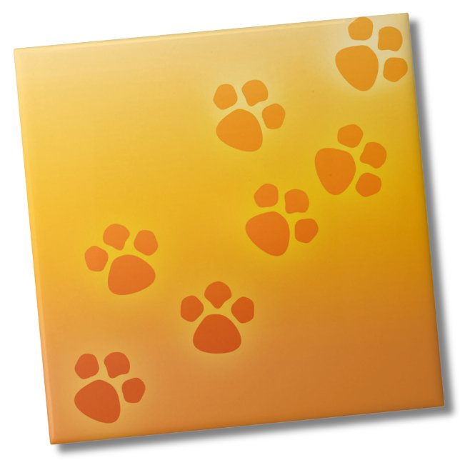 Traços de animais de impressão de pata-branca (Yellow Orange Ombre Paw Print Pattern Ceramic Tile)