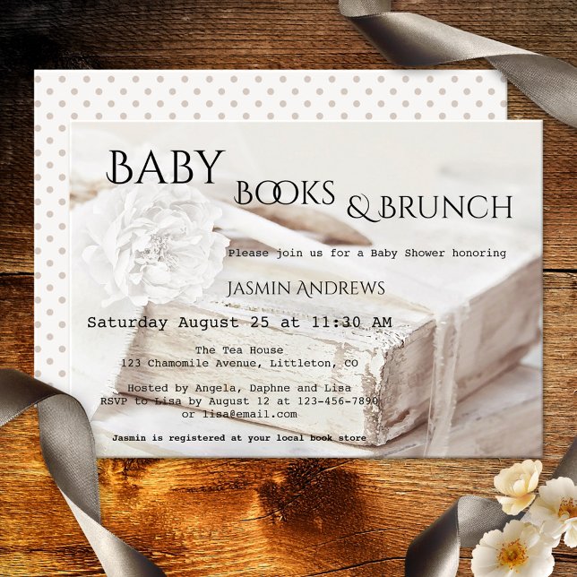 Traga um Convite para Chás de fraldas de Livro (Romantic book theme baby shower invitation in warm off-white colors with a book and peony flower)