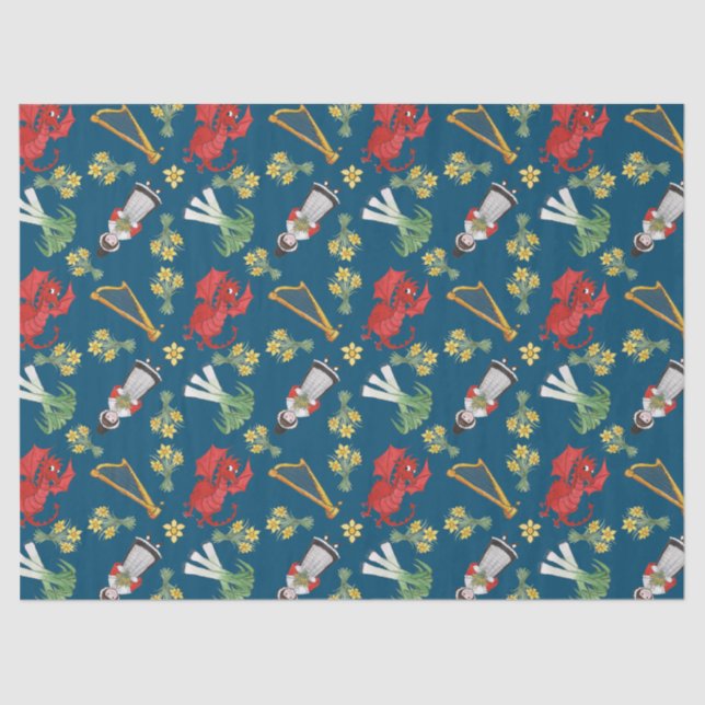 Traje e emblemas de Galês no lenço de papel azul (Frente )