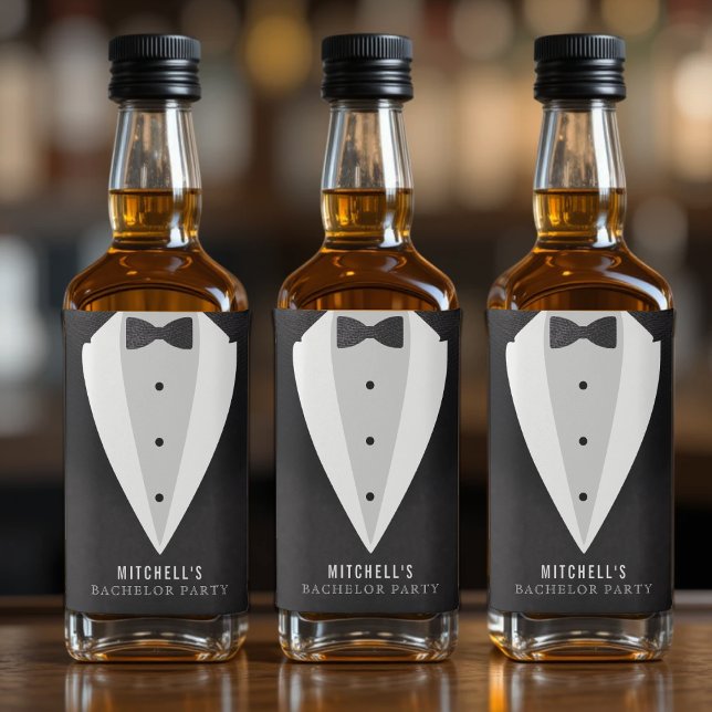 Traje Preto e Gravata Borboleta para Festa de Solt (Bachelor Party Black Suit & Bowtie Liquor Bottle Label
)