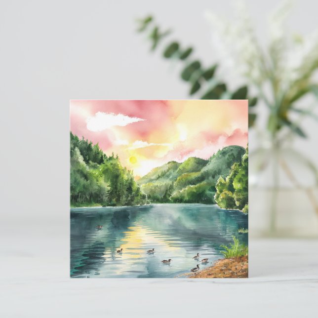 Tranquil Watercolor Mountain River Sunrise (Em pé/Frente)