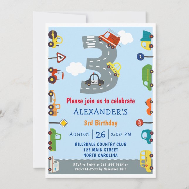 Transporte aniversário de 3 anos Convite de festas (Frente)