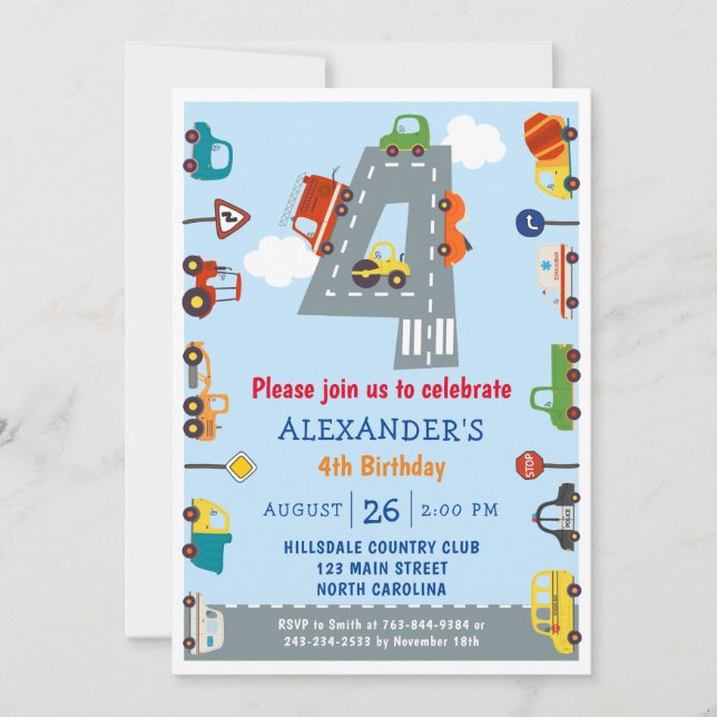 Transportes 4º Convite de festas de aniversário (Frente)