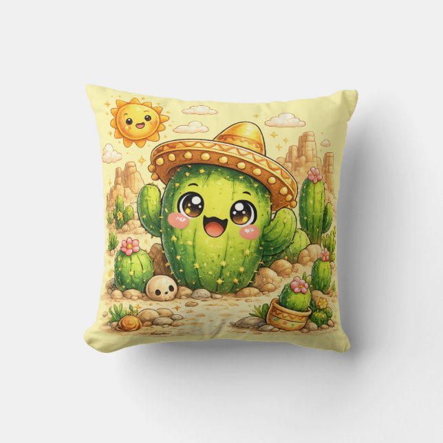 Travesseiro Almofada de Cacto Feliz Fofo Kawaii (Frente)