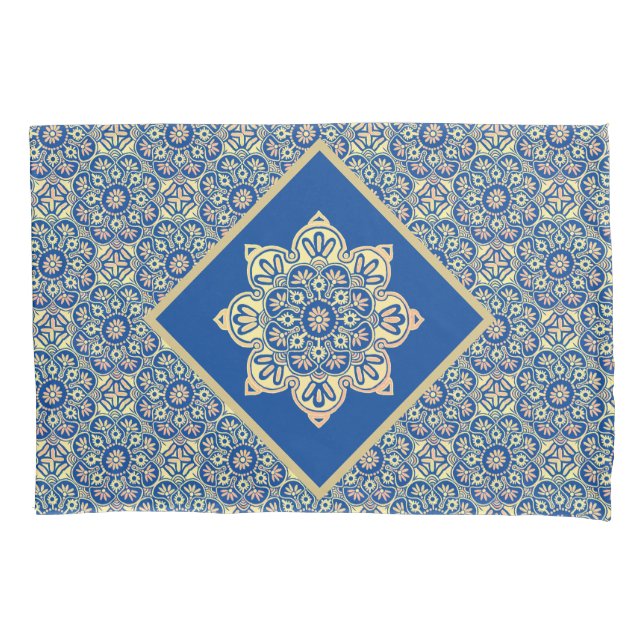 Travesseiro com medalhões de ouro Boho em azul (Frente)