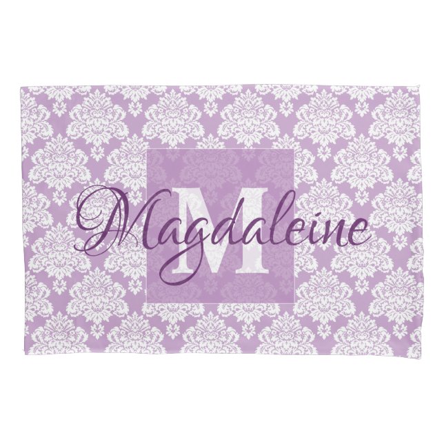 Travesseiro do lavanda Damask com Monograma e Nome (Frente)