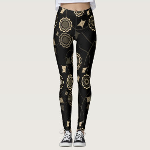Trendy Beige Color Flower Ivy Black Leggings