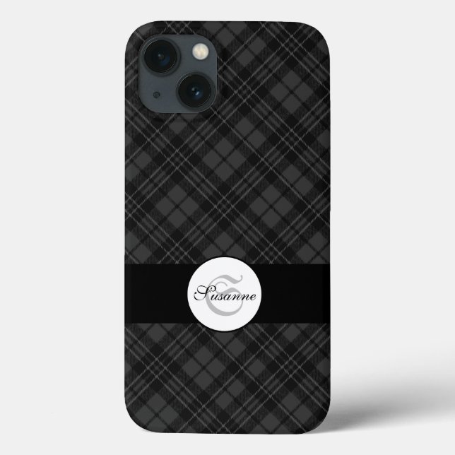 Trendy Black White Tartan Personalize Monograma (Verso)