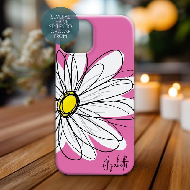 Trendy Daisy Floral Illustração - amarelo-rosa (Personalized Phone Case with Whimsical Daisy and Custom Name)