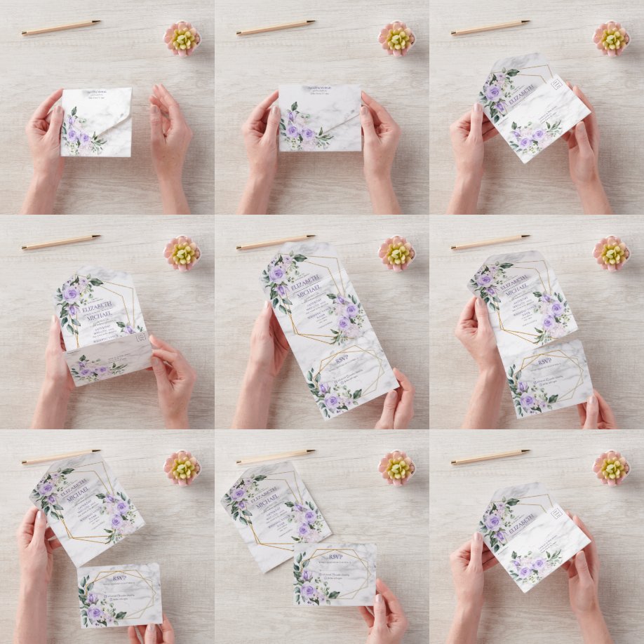 Trendy Dourado Geométrico Lilac Floral Marble Pri