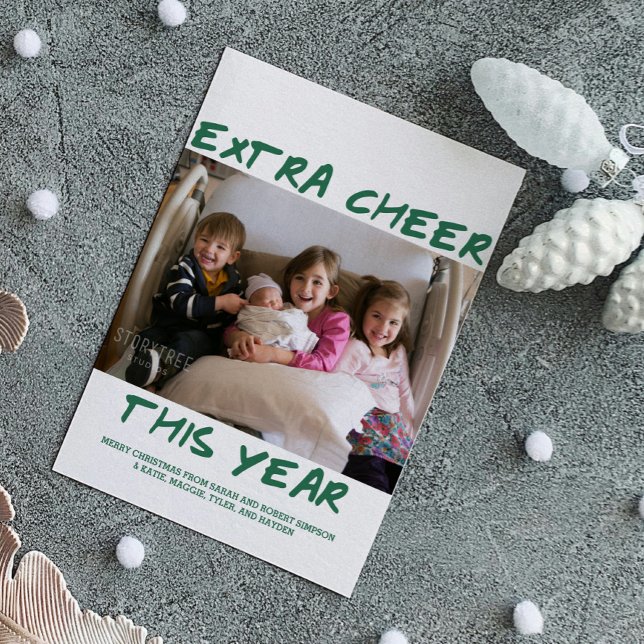Trendy Extra Saúde Este Ano Cartão com fotos | Ver (Green Trendy Extra Cheer This Year Holiday Photo Card)