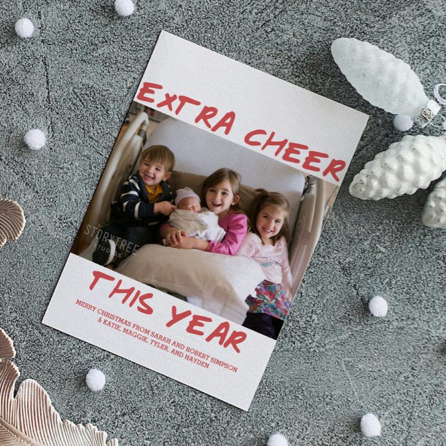 Trendy Extra Saúde Este Ano Cartão com fotos | Ver (Red Trendy Extra Cheer This Year Holiday Photo Card)