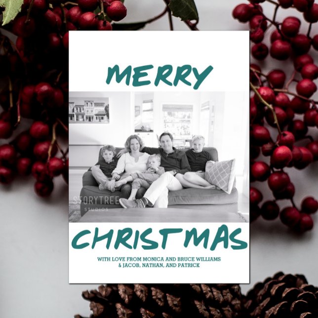 Trendy Felry Cartão com fotos de Natal | Teal (Teal Trendy Merry Christmas Photo Card)