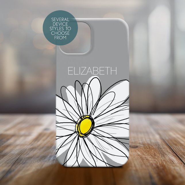 Trendy Floral Daisy com nome personalizado amarelo (Personalized Phone Case with Whimsical Daisy and Custom Name)