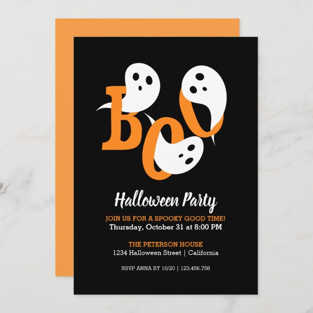 Trendy Halloween Party Boo Fantasma Convite Negro (Frente/Verso)