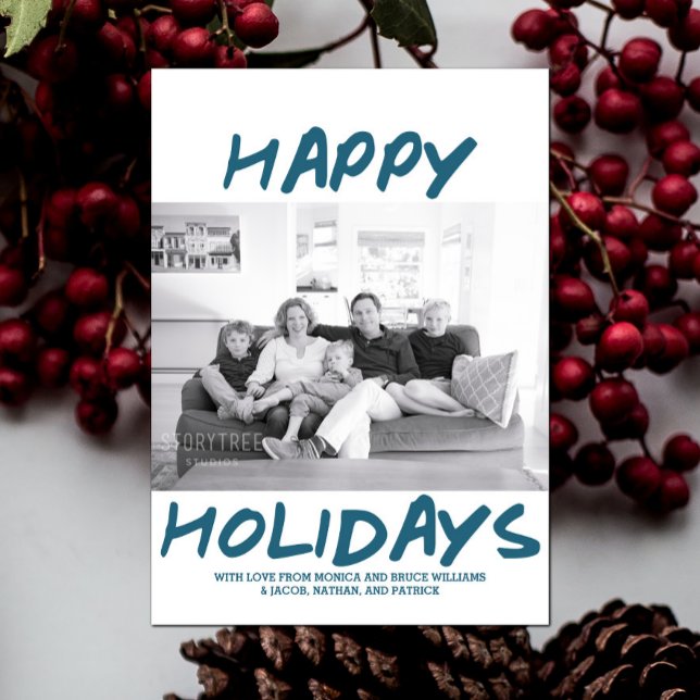 Trendy Happy Holidays Cartão com fotos | Azul (Blue Trendy Happy Holidays Photo Card)