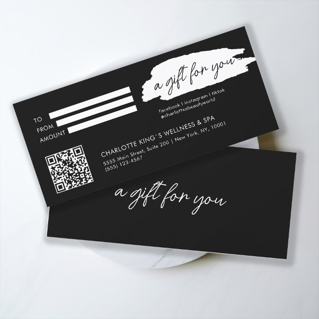 Trendy, moderno, escrita manual, com código qr, pr (Personalized, trendy, modern, handwriting, with qr-code, black gift certificate.)