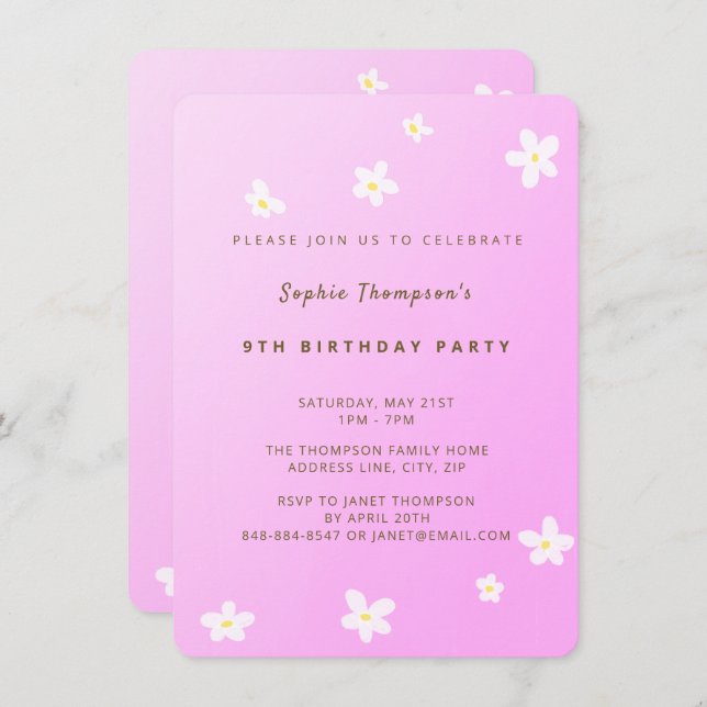 Trendy Pink Daisies Girl Convite de aniversário (Frente/Verso)