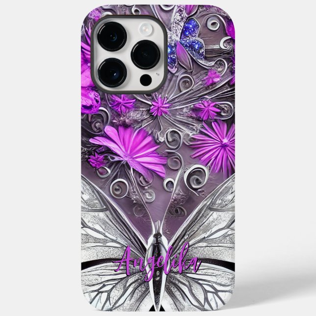 Trendy Purple e Silver Floral Butterfly Personaliz (Verso)