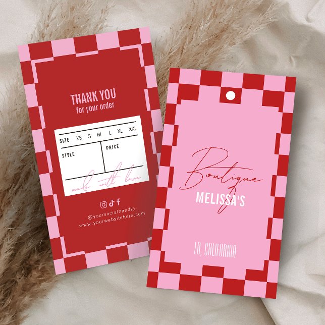 Trendy Retro Pink Clothing Boutique Price Hang Tag (trendy red and pink boutique clothing hang tags with groovy checkered background design)