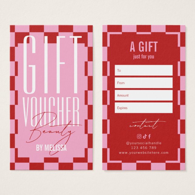 Trendy Retro Pink & Red Spa Salon Gift Voucher (Frente & Verso)