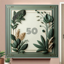 Trendy Sage Green Art Deco Leaves Botanical Number