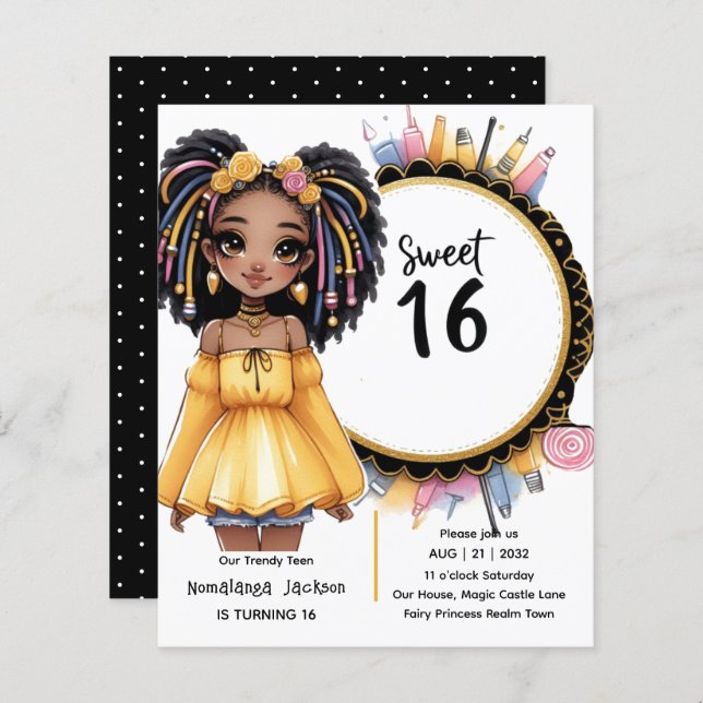 Trendy Sweet 16 Black Teen Birthday Black Dourado (Frente/Verso)