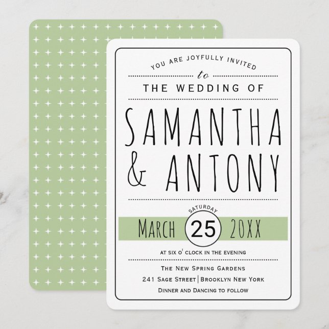 Trendy Typografia Sage convite para casamento verd (Frente/Verso)