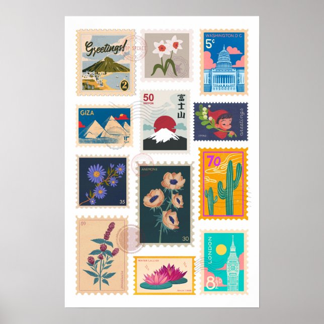 Trendy Vintage Postal Stamps Poster (Frente)