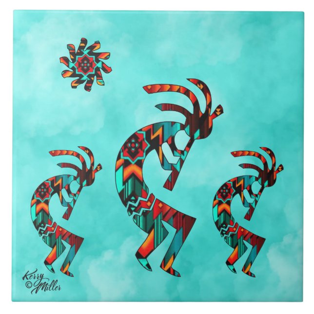 Três Azulejo Cerâmico de Kokopelli no Sudoeste (Frente)