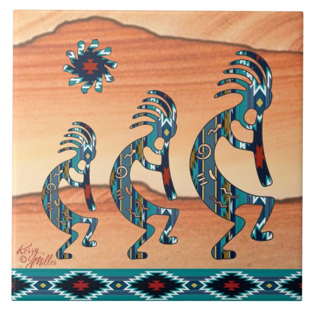 Três azulejos cerâmicos Turquoise Kokopelli (Frente)