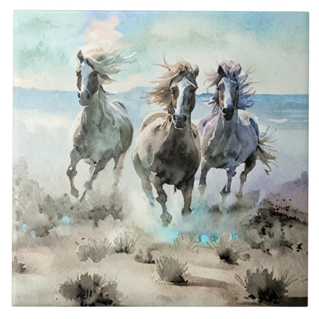 Três Cavalos Selvagens Correm Através de uma Planí (Frente)