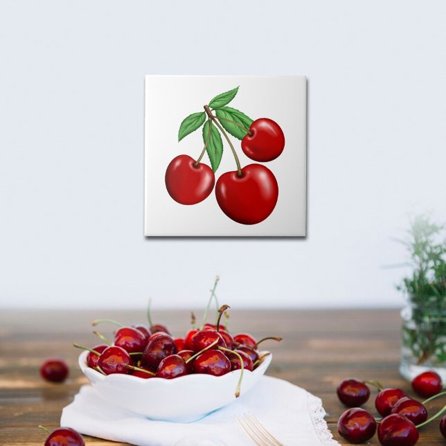 Três Cerejas Vermelhas Fruta (Cherries Ceramic Tiles, use for kitchen backsplash, walls or order with optional frame for decor.)