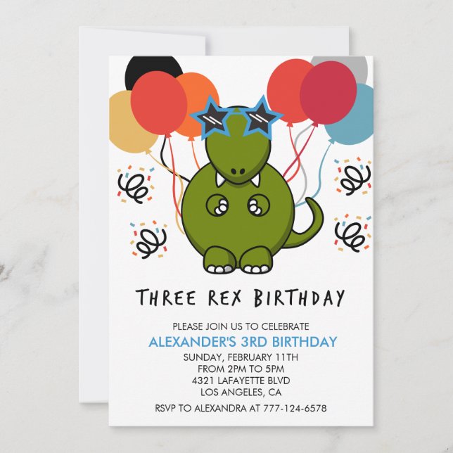 Três convite de aniversário rex dinossauro 3º Lega (Frente)