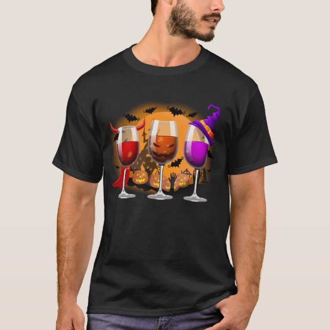 Três Copos De Camiseta De Vinho De Halloween (Frente)