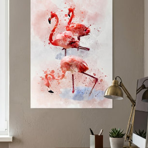 Três Flamingos Rosa em Impressão de Arte em Aquare