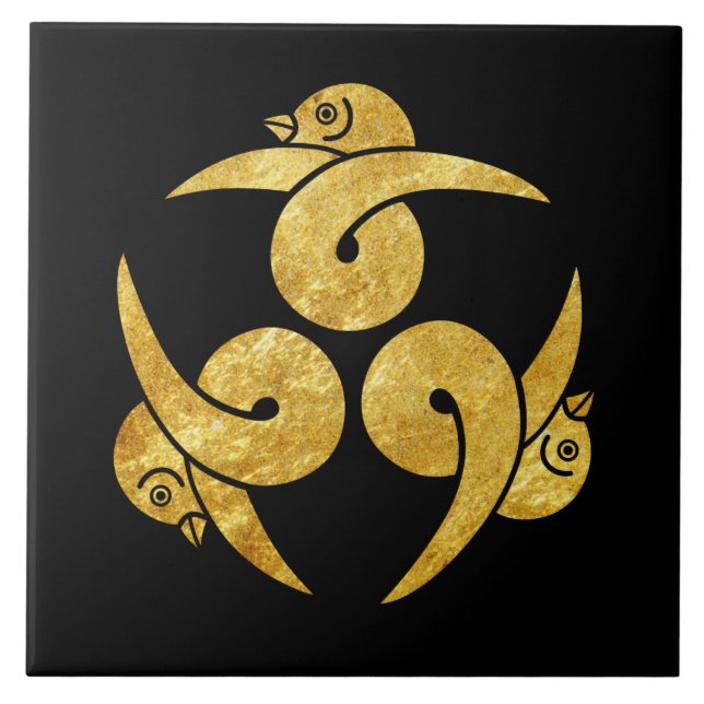 Três gansos japoneses Kamon Faux gold em preto (Frente)