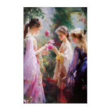 Três garotas brincando num jardim