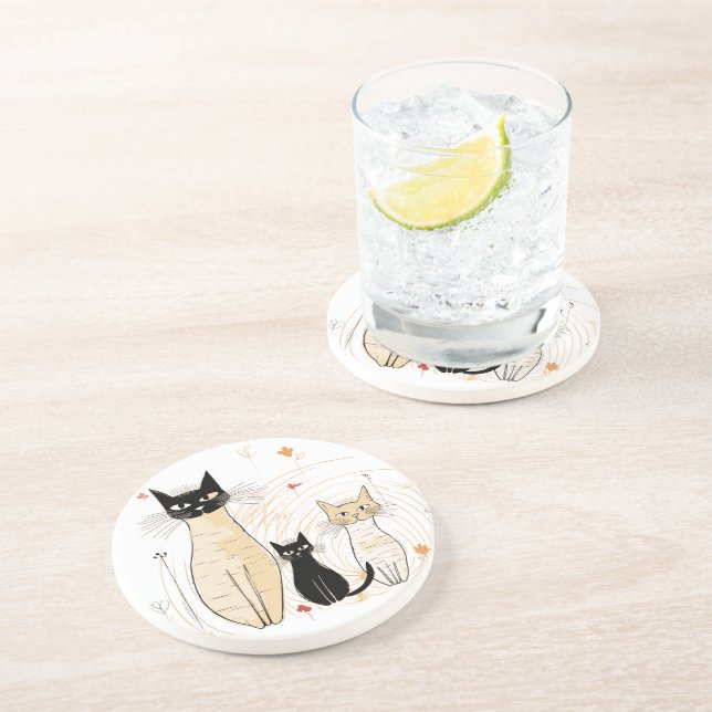 Três Gatinhos e flores Porta copos de arenito (Lateral)