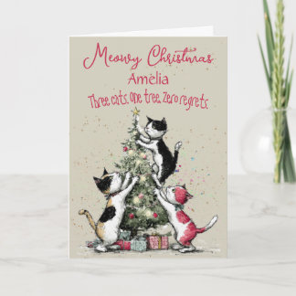 Três Gatos Decorando um Cartão de Natal de Árvore