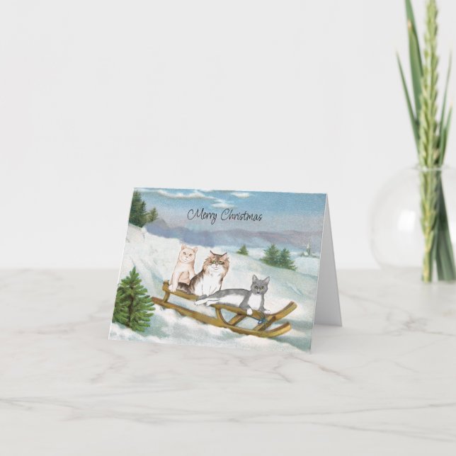 Três gatos num cartão de natal da Cena de Inverno  (Frente)