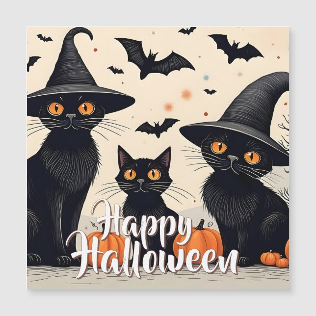 Três Gatos Pretos com Chapéus no Halloween (Frente)
