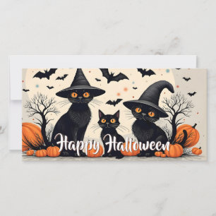 Três Gatos Pretos com Chapéus no Halloween