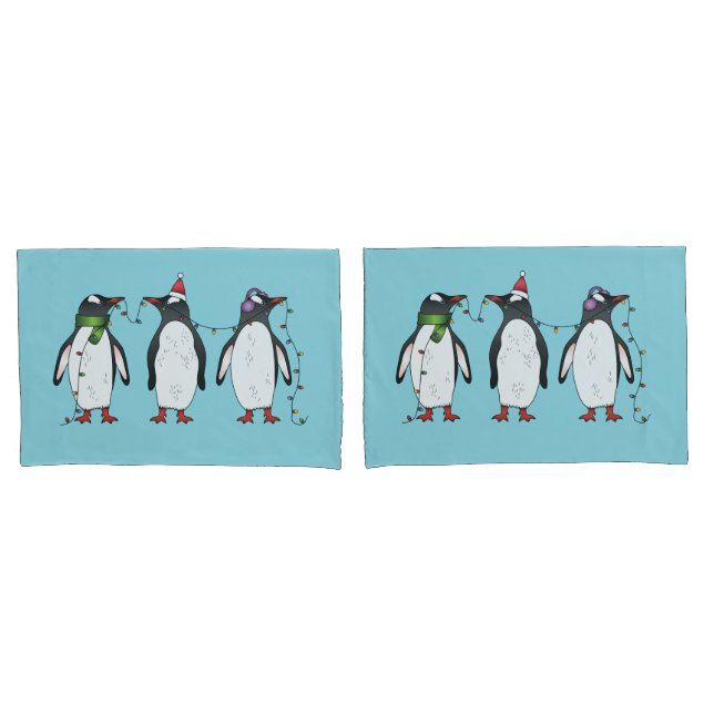 Três Pinguins Festivos De Natal Em Azul Claro (Frente - conjunto)