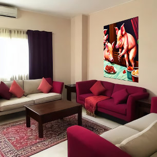 Três porcos a comer bacon   AI Art Poster