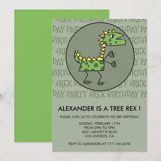 Três rex convite de aniversário dinossauro 3º meni (Frente/Verso)