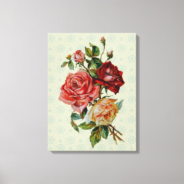 Três rosas na canvas verde de padrão pastel Vintag (Frente)