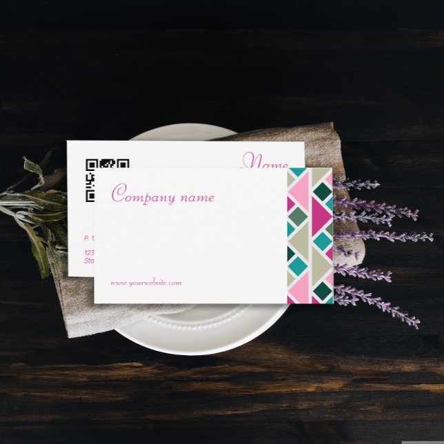 Triângulo turquesa fuchsia QR Cartão de visita (Modern minimalist abstract geometric business card  with fuchsia and turquoise color scheme.)